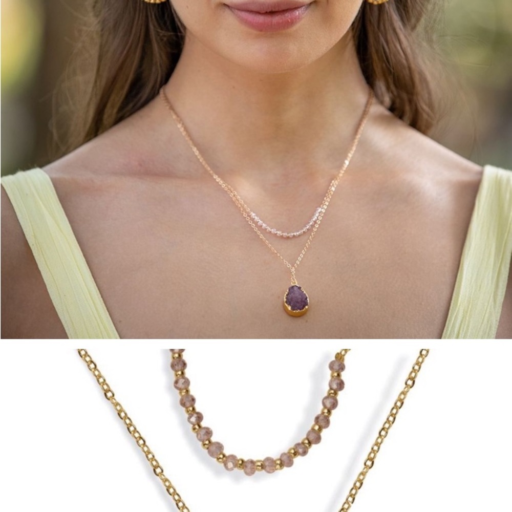 Myra Bag Gold Layered Necklace with Purple Teardrop and Pink Beads